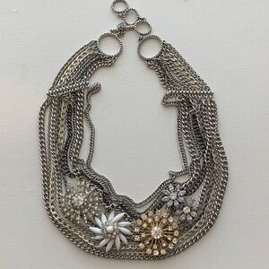 Stella & Dot Multi-Chain Silver Statement Necklace with Floral Crystal Accents
